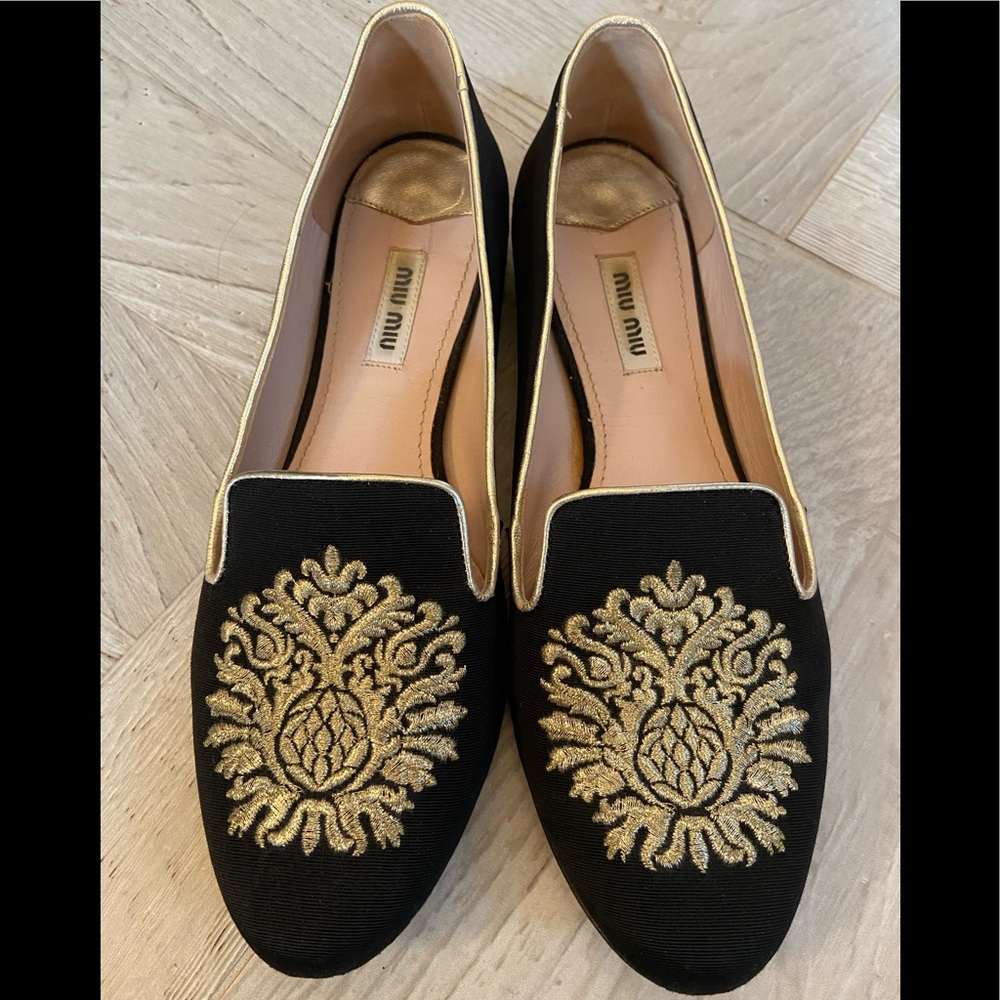 MIU MIU CRYSTAL HEELED LOAFERS